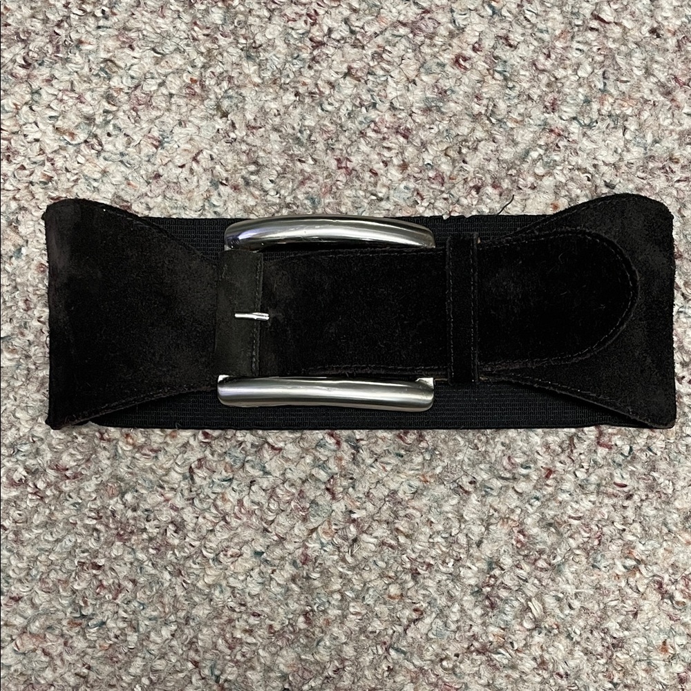 Vintage Black Suede giant silver buckle Belt with elastic back